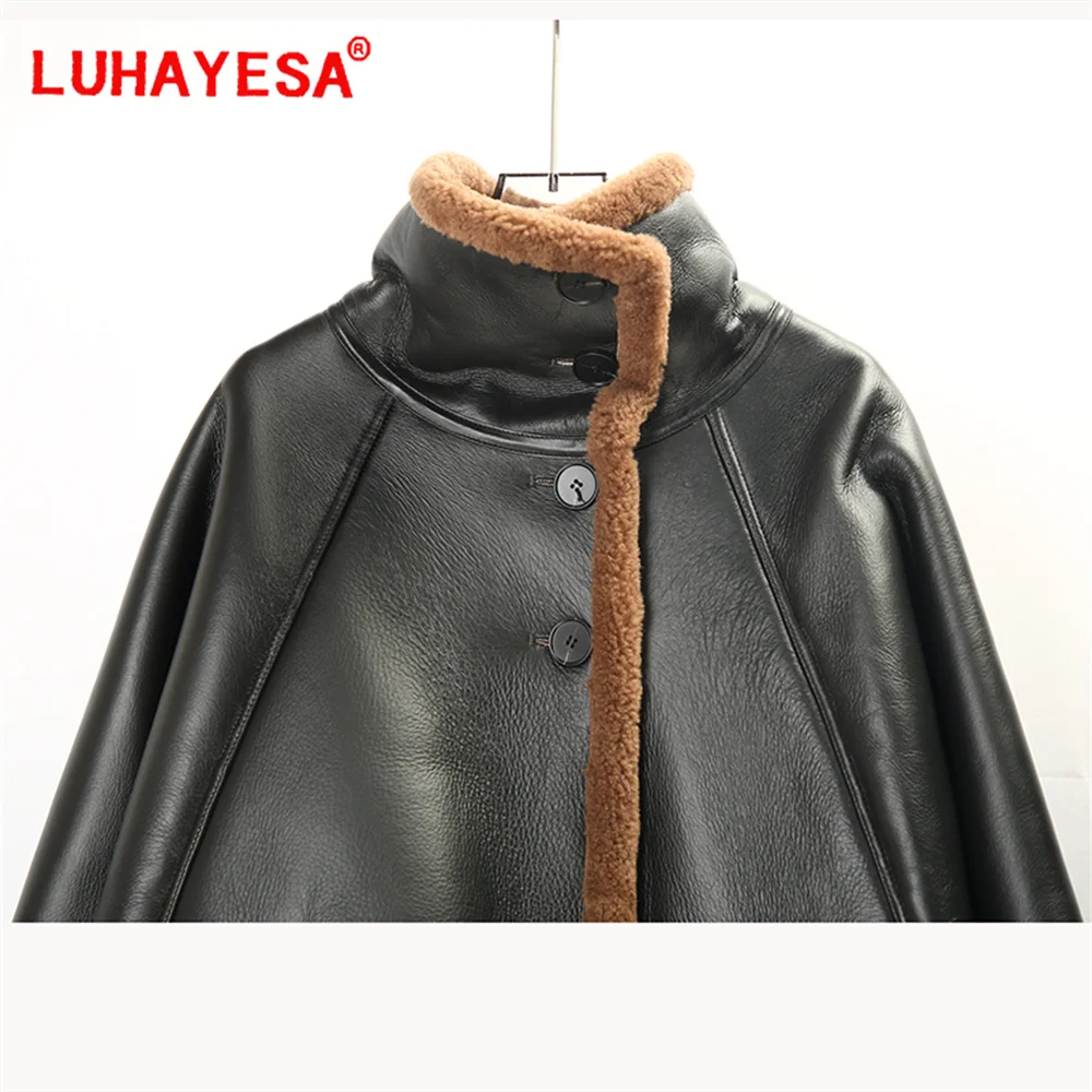 2024 Women Daily Casual Australia Merino Sheepskin Shearling Fur Coat Medium Long Real Fur Genuine Leather Winter Fur Jacket