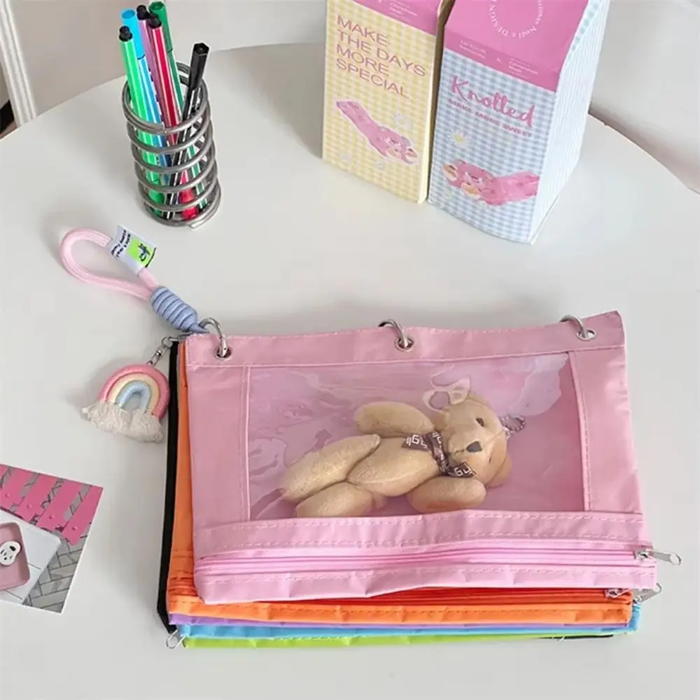 6 Compartment Rainbow Storage Bag with Handle 3 Holes Portable Makeup Handbag Waterproof Loose-Leaf Binder Pencil Sorting Case