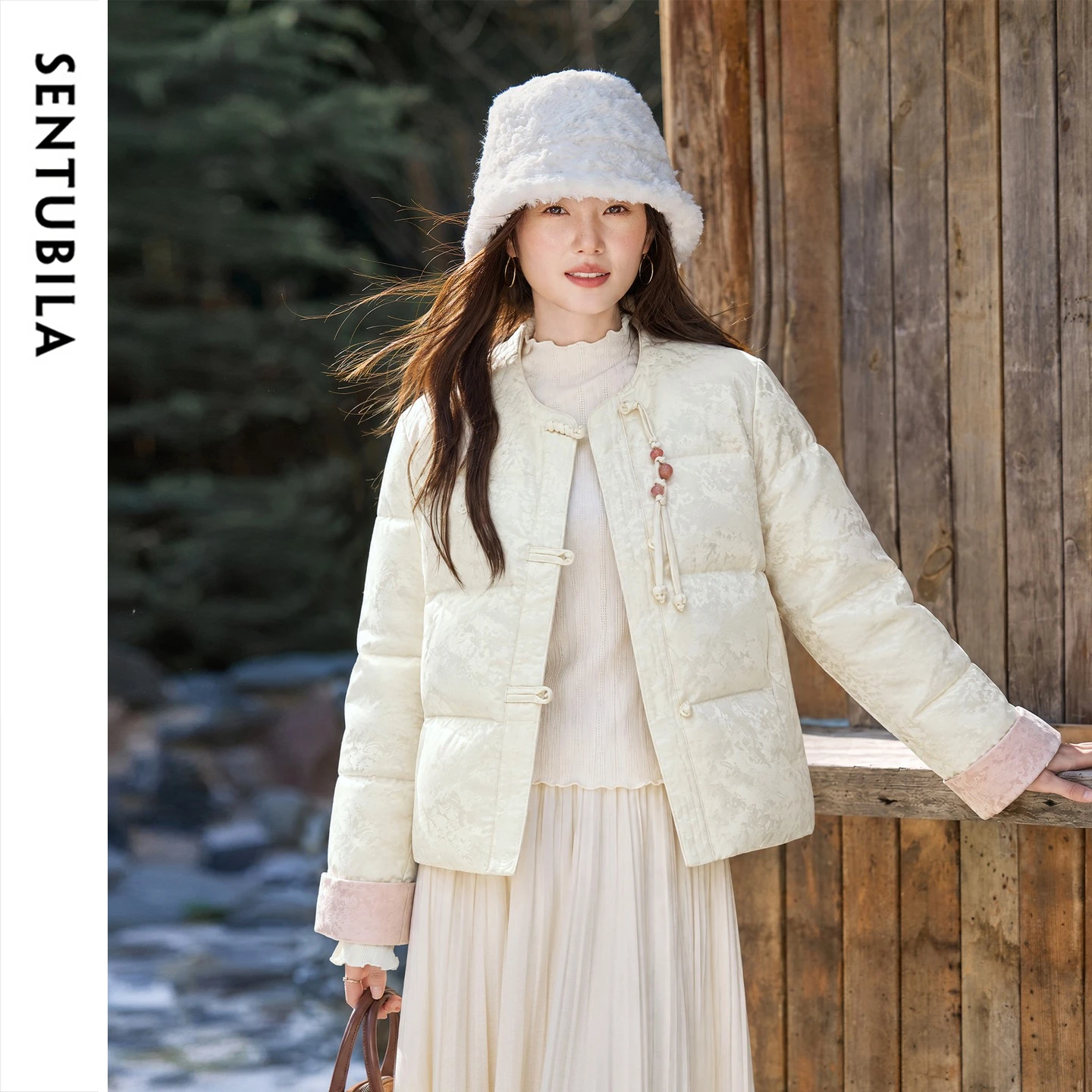 SENTUBILA Women's Winter Down Jacket Color Block Cuff Turn Up White Duck Down 2026 Coat Female Commute Warm Outerwear W64YC8111
