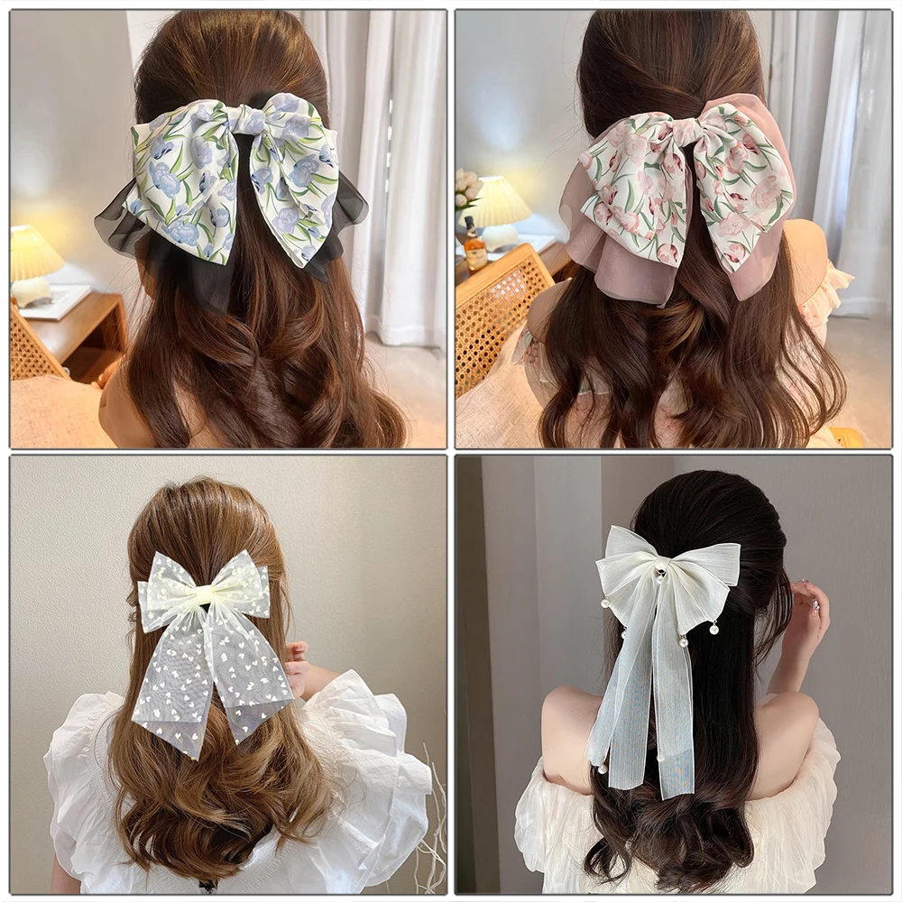 Triple-Layer Bow Hair Clips Girls Pearl Rhinestone Spring Clips Hairpin For Women Holiday Fashion Ponytail Hair Accessories