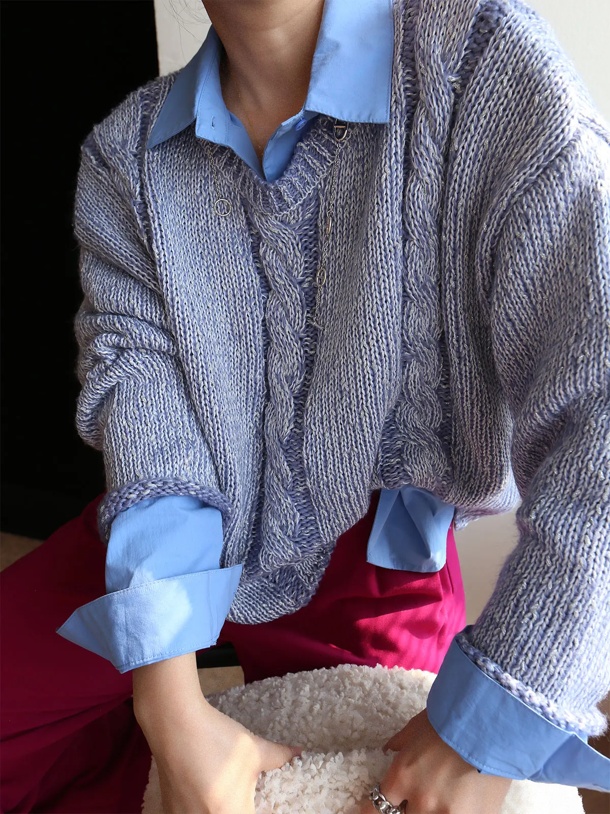 

Синий вязаный свитер свободного кроя для женщин, винтажный, с серебряной нитью, повседневный трикотаж, с круглым вырезом, с длинными рукавами, топ