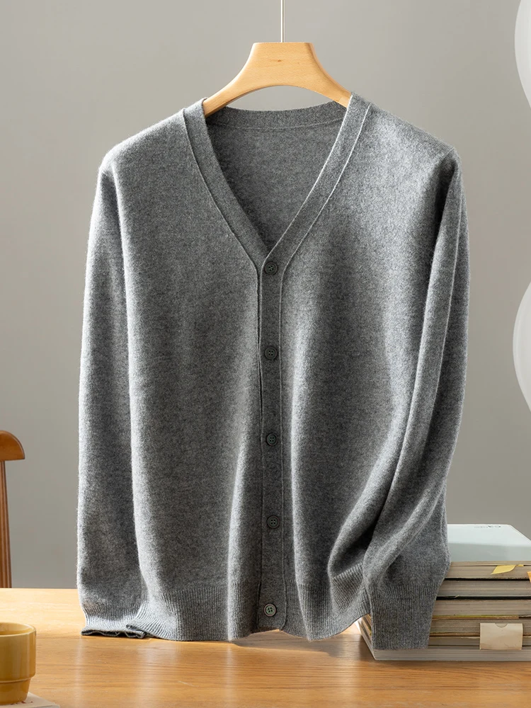 Chic Men's V-neck Cardigan Autumn Winter Classics Sweater Long Sleeve 100% Cashmere Knitwear Casual Solid Korean Style Male Tops