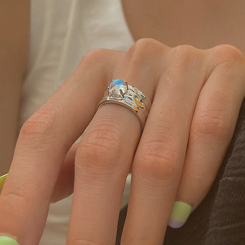 PANJBJ 925 Sterling Silber Mondstein Unregelmäßigen Ring für Frauen Party Geschenk Adjustabler Persönlichkeit Koreanische Dropshipping – Detail 33