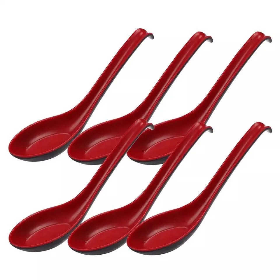 

6Pcs Spoon Set Red Black Traditional Chinese Noodle Soup Spoon Long Handle Plastic Tableware Kitchen Dinner Stirring Cutlery