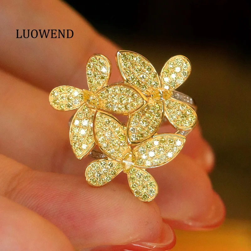 

LUOWEND 100% 18K White Gold Rings Luxury Elegant Style Real Natural Yellow Diamond Cocktail Ring for Women Senior Banquet