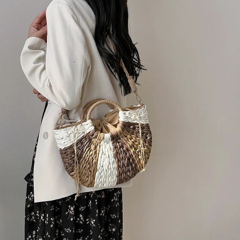 

Ethic Style Weaving Shoulder Crossbody Bags For Women Luxury Beach Straw Bags Beach Vacation Handbags Patchwork Travel Bag
