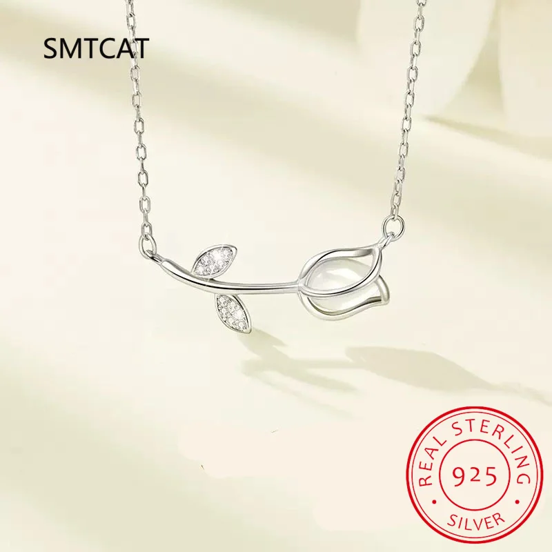 Plata de Ley 925 auténtica, regalo para madre, flor de tulipán, deslumbrante collar CZ para mujer, gargantilla de joyería fina 925 DE0002
