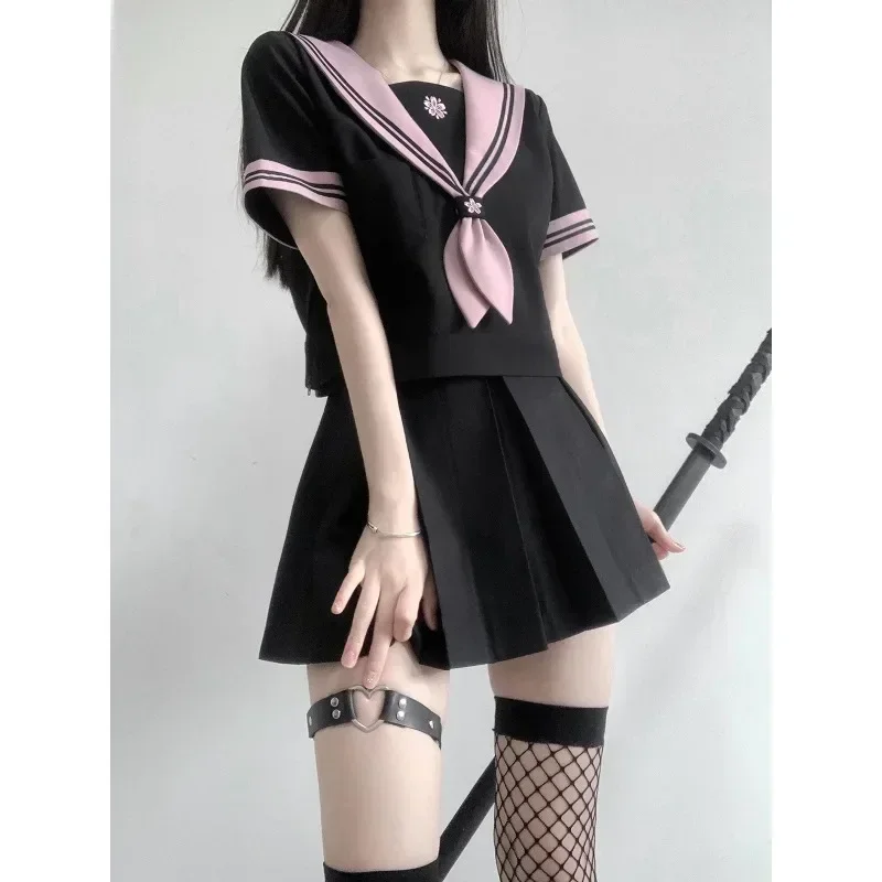 Jirai kei uniforme escolar para mulheres doce preto e branco terno de marinheiro manga curta topo feminino conjunto de duas peças novo verão 2025