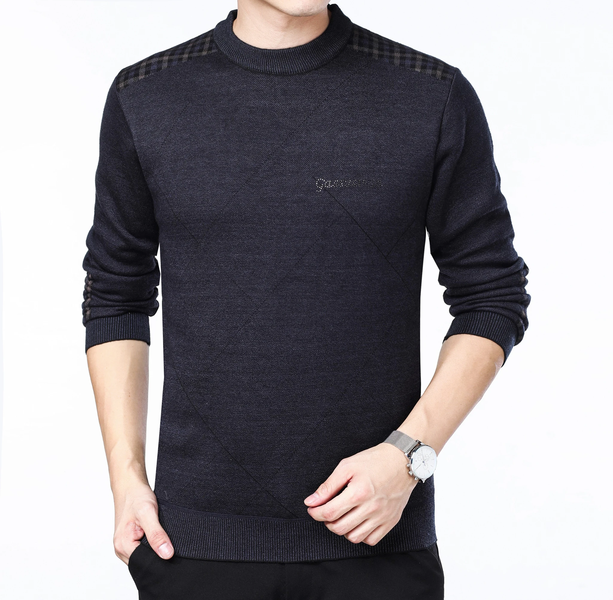 Men\'s Autumn Winter Casual Color Block Crew Neck Knit Sweater, High Stretch Knit Fabric Pullover