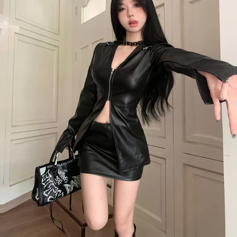 PU Leather Black Jacket Two Piece Set Skirt Suits Women Solid Colors Motor Style Hollow Out Zippers Outwears Cool Girls Clothing