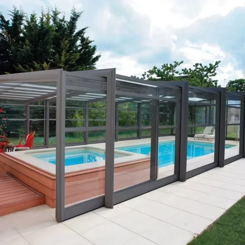 

Outdoor Aluminum Frame Removable Sun Room Enclosure Customized Retractable Sliding Tempered Glass Roof Swimming Pool Cover