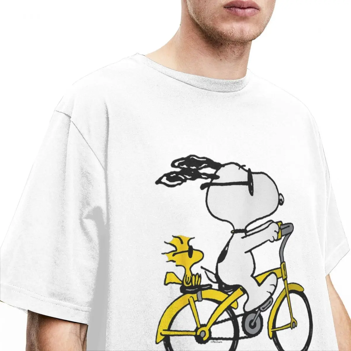 Peanuts - Snoopy Woodstock Riding Bike T-Shirt Men Fashion Pure Cotton Tee Shirt O Neck Short Sleeve T Shirt Summer Tops