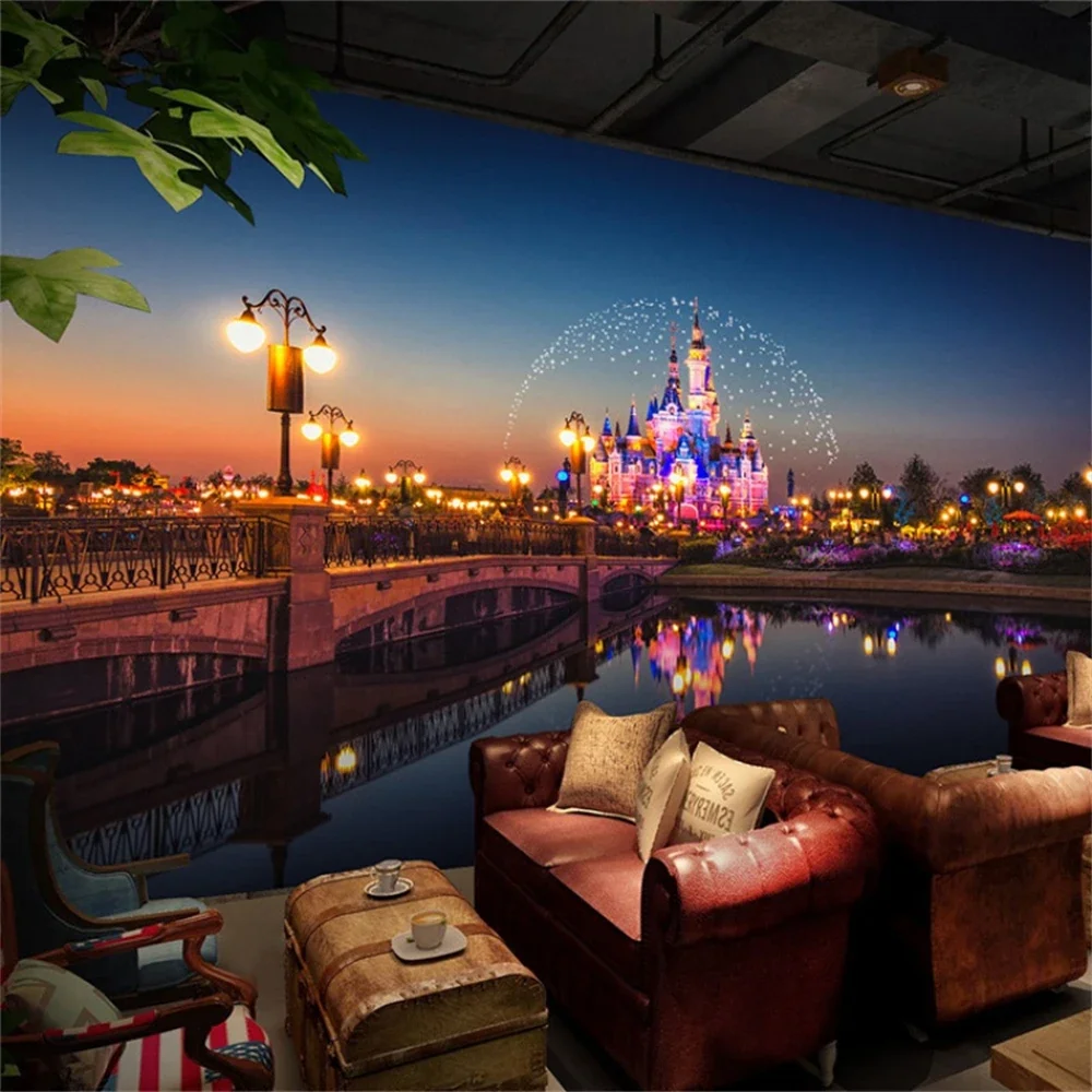 

Обои с изображением замка в стиле мультфильма, ночная архитектура города, настенная роспись для детской комнаты, тематический декор для отеля, ресторана, наклейка на стену