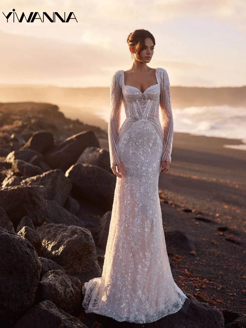 

Luxurious Beaded Pearls Wedding Dress Romantic Sweetheart Neck Bridal Gown Customized Long Sleeve Mermaid Dresses For Bride