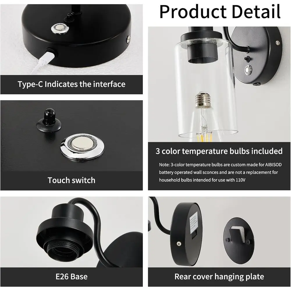 Set 2 Lampu Dinding LED Hitam Bertenaga Baterai dengan Remote, Bohlam 3 Suhu Warna, Lampu Dinding Tanpa Kabel yang Dapat Diredupkan untuk Rumah D