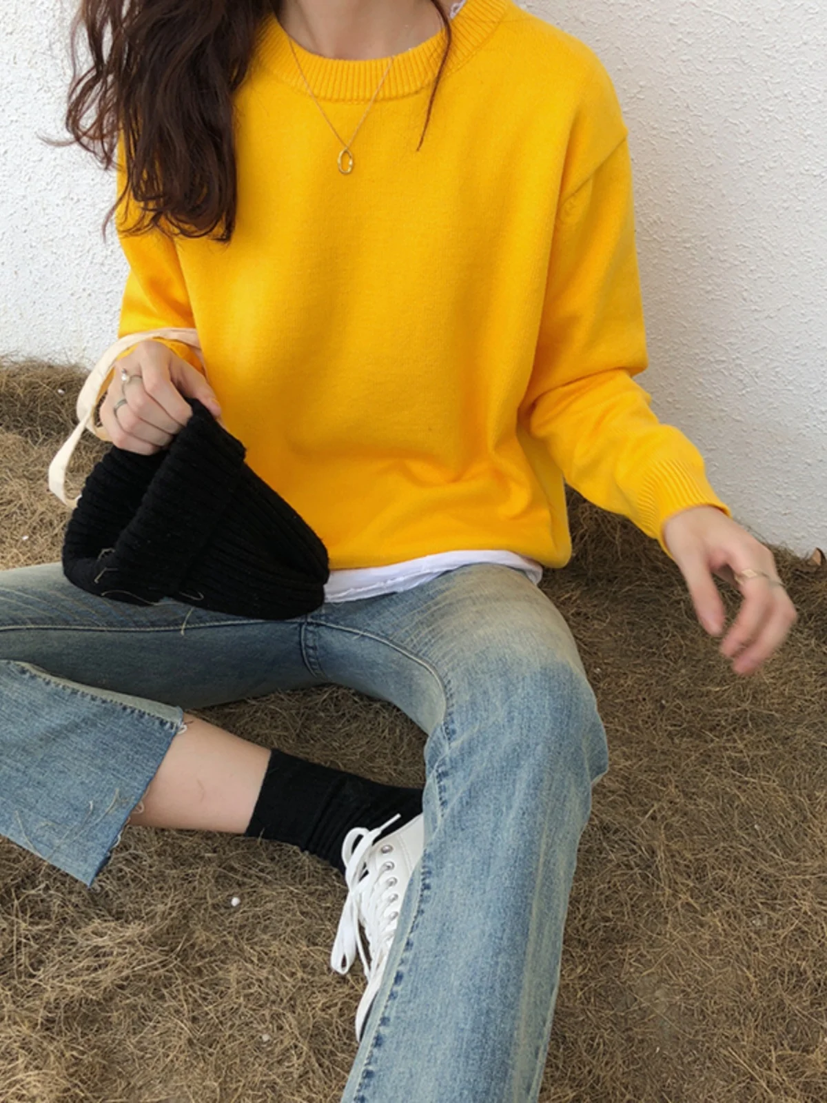 

Свободный длинный круглый желтый вязаный свитер Sve, женский удобный дышащий однотонный топ для поездок на работу