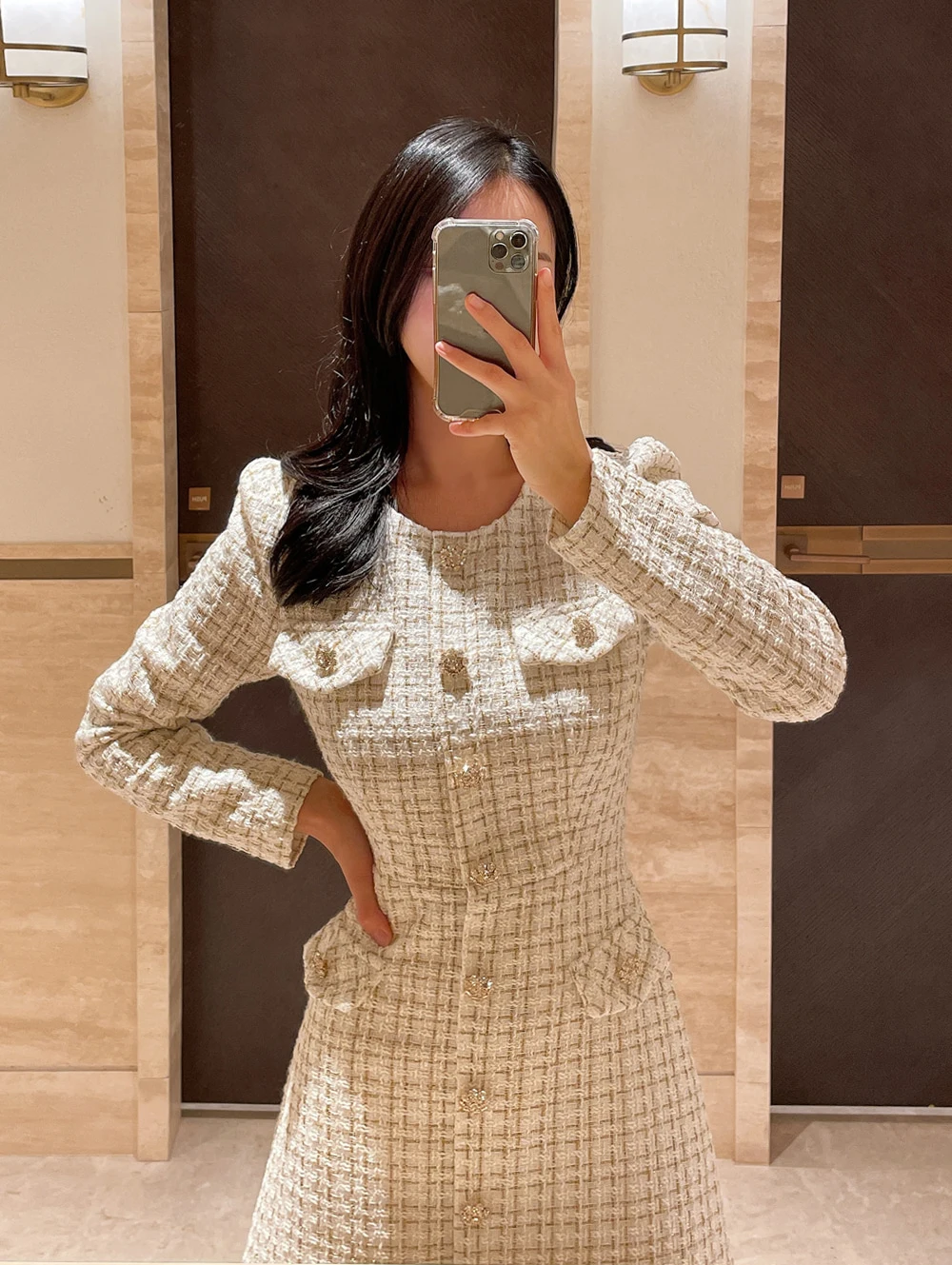 Women\'s High Quality Spring Autumn Slim Fit Long Sleeved Thick Tweed Fragrant Chic Dress