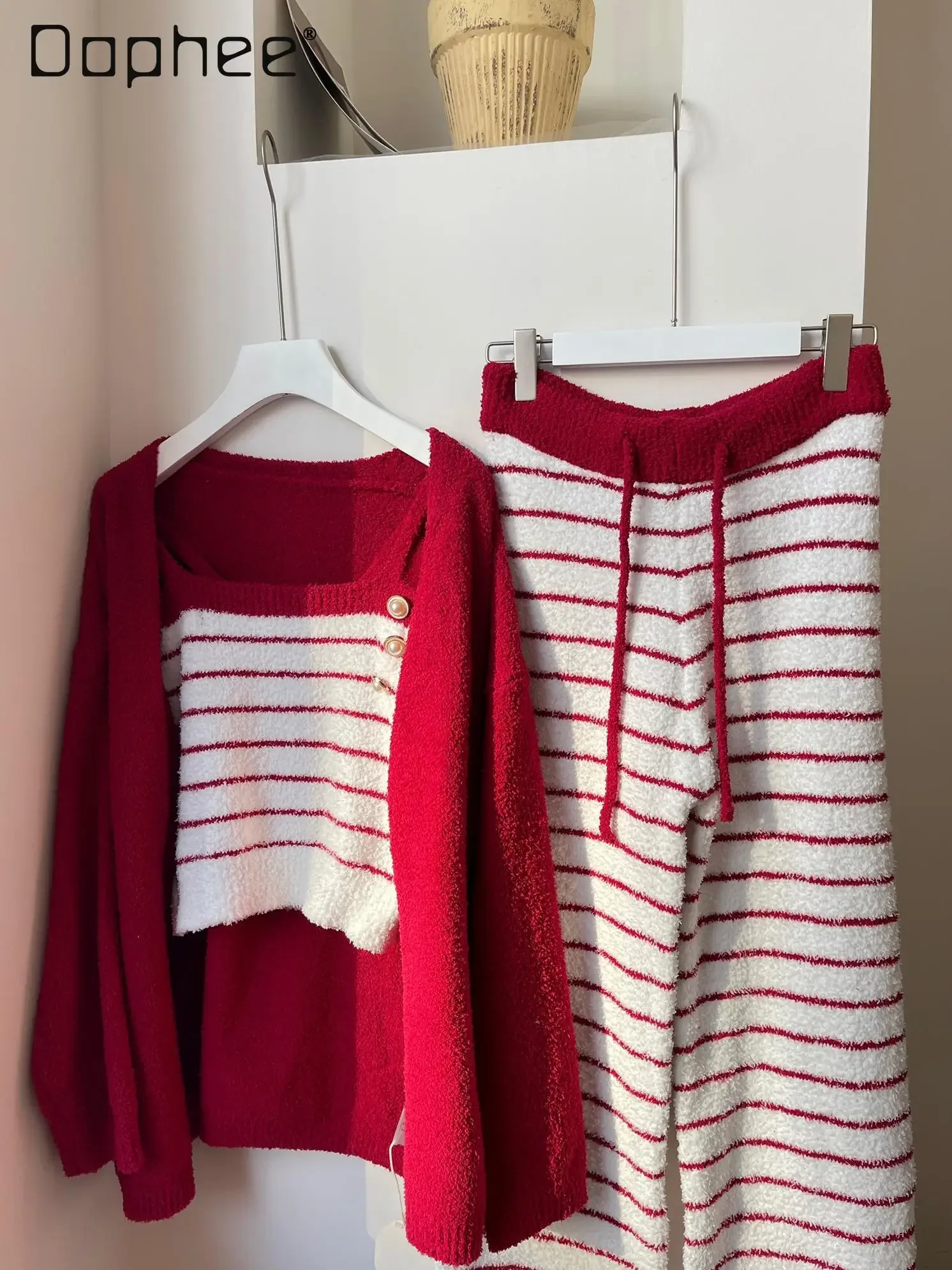 

Red Striped Loungewear Three Piece Sets 2024 Winter Long Sleeve Cardigan + Square Collar Camisole + Pajama Pants Korean Style