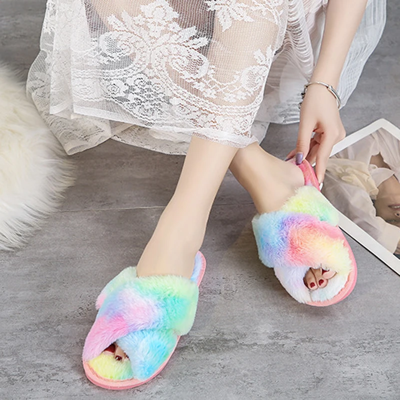

Winter Warm Slipper Women Home Fuzzy Cross Fur Plush Indoor Lazy Female Thermal Furry House Shoe Flat Flip Flop Leopard Print