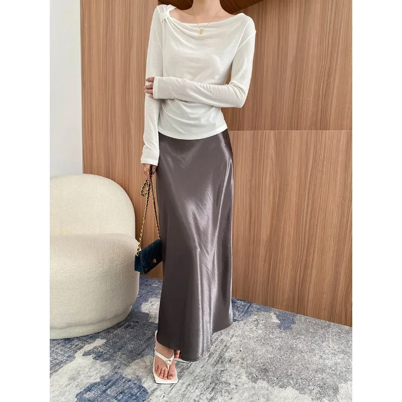 Rokken Vrouwen Lange Rok Een Lijn Slim Fit Feest Satijn Nacht Avond Sexy Hoge Taille Elegante Splice Y2k Streetwear Werk 2025, Herfst