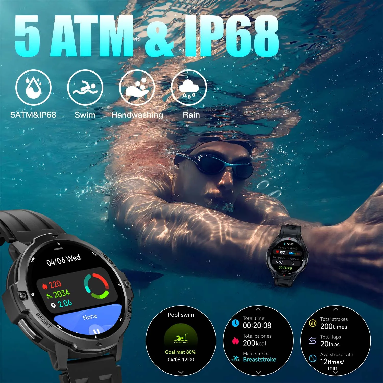 جديد LEMFO GPS ساعة ذكية 1.46 بوصة AMOLED عرض مدمج بوصلة مقياس الارتفاع الجوي 5ATM 580mAh بطارية رياضية Smartwatch الرجال #3