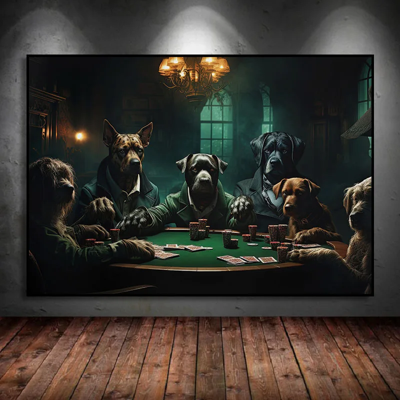 Vintage Funny Animal Dog Cat Dachshund Playing Poker Casino Poker Art Posters Canvas Painting Wall Print Picture Room Home Decor