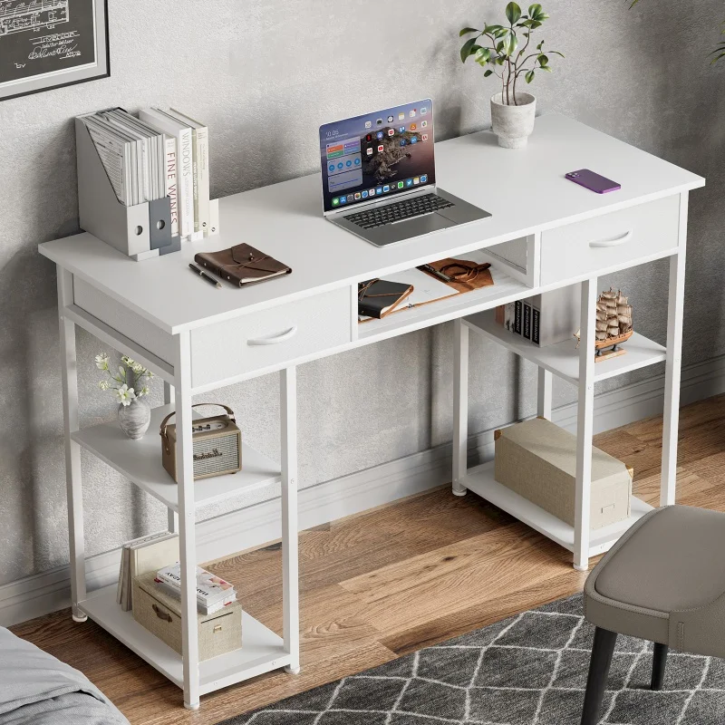 

Modern Simple Computer Desk 48Inch Office Writing Study PC Table with Drawer and Storage Shelves White Spacious Home Gaming Desk