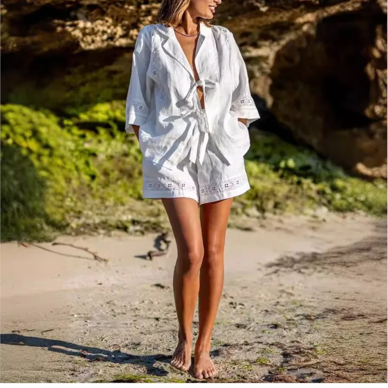 

Летний модный женский однотонный карманный комплект с воротником в пляжном стиле, рубашка с короткими рукавами и шорты, повседневный комплект из двух предметов