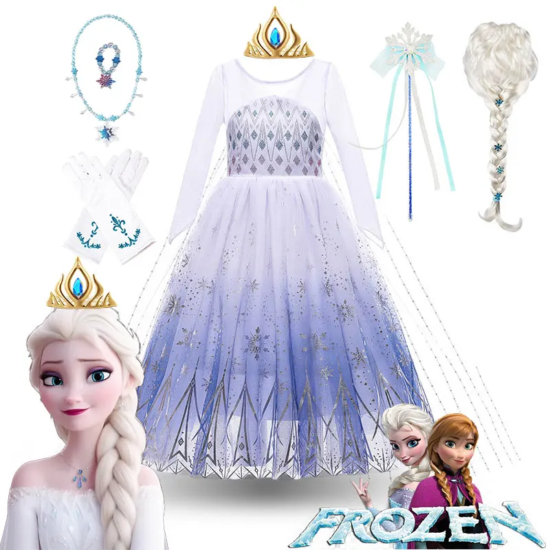 Kids Disney Frozen Episode 2 Elsa Pretend Costume Princess Snow Queen White Ball Gown Girls Christmas Gift Fancy Role Play Dress