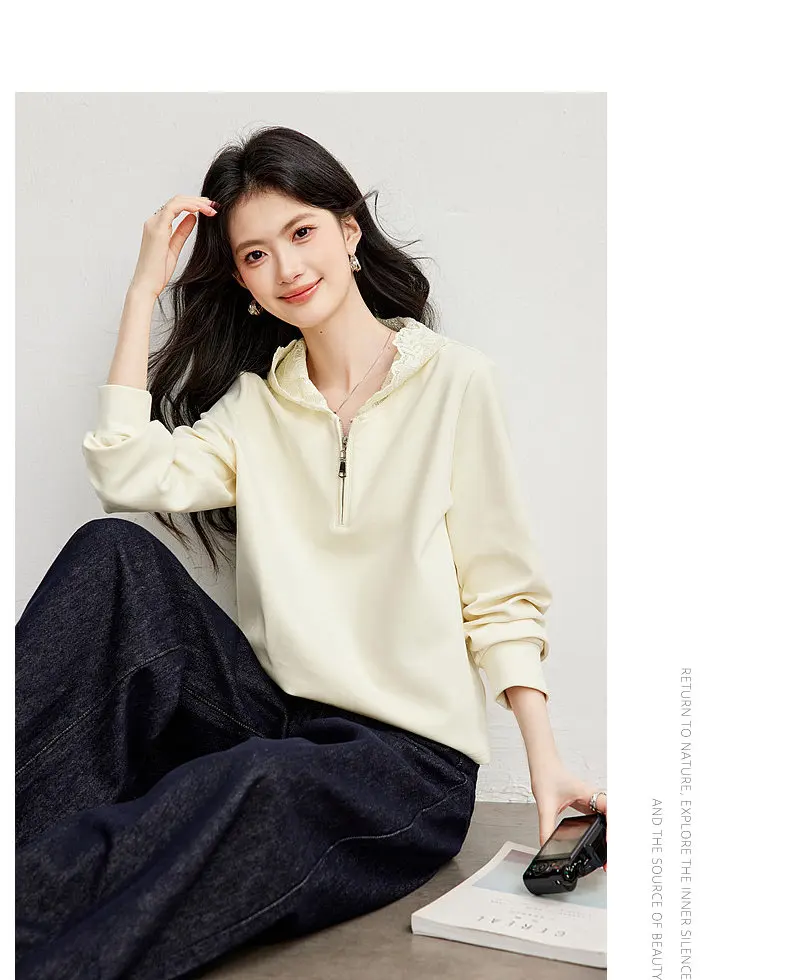 VIMLY Women's Hooded Sweatshirt 2026 Autumn Elegant Lace Trim Splicing Casual Pullover Fashion Long Sleeve Top Ladies A7628
