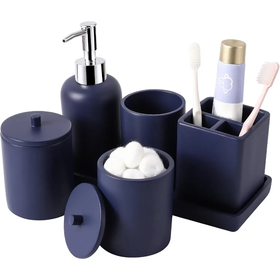 

Темно-синий полимерный набор для ванной комнаты с держателем для зубных щеток, дозатором лосьона и мыла, держателем для 2 кончиков, диспенсером, туалетным столиком и стаканом