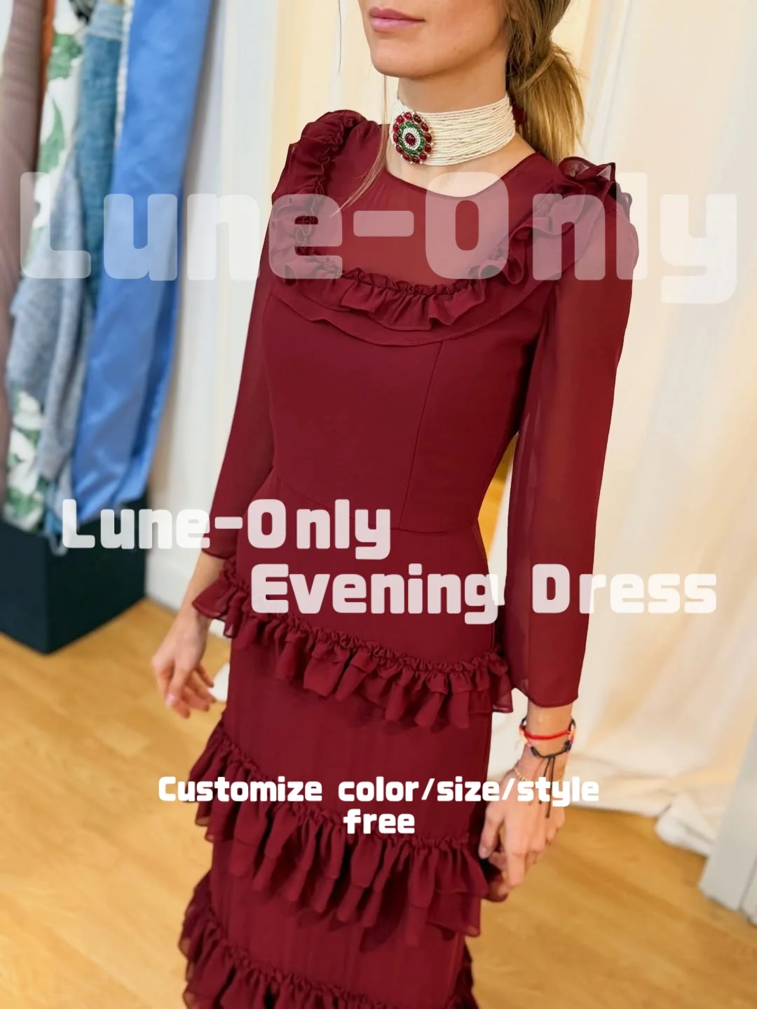 تخصيص عنابي الشيفون المتدرج الكشكشة النساء فساتين السهرة طويلة الأكمام أنيقة حزب ثوب مستقيم حفلة موسيقية اللباس الرسمي #2