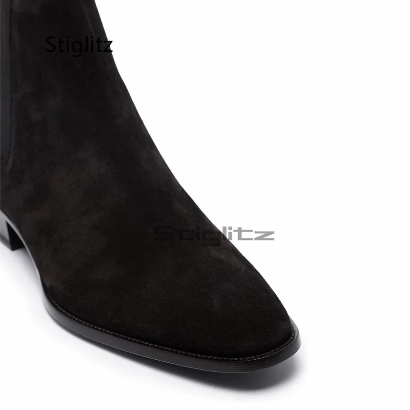 Black Suede Elastic Chelsea Boots Men Classic Low Heels Business Casual British Style Slip On Ankle Boots Autumn Dress Shoes - view 3