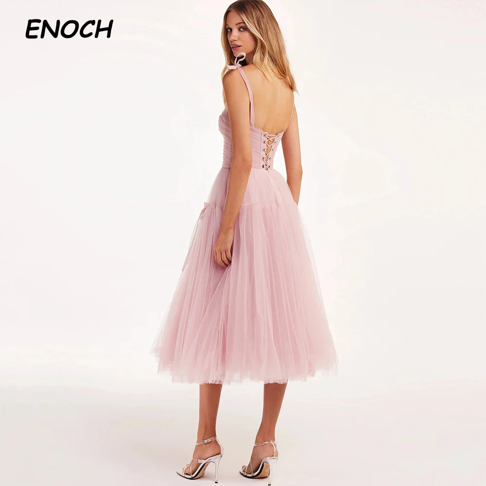 ENOCH Simple Tulle Prom Dresses Square Collar Lace Up Back Pleat Party Gown A-Line Knee Length Vestidos De Gala Custom Made New