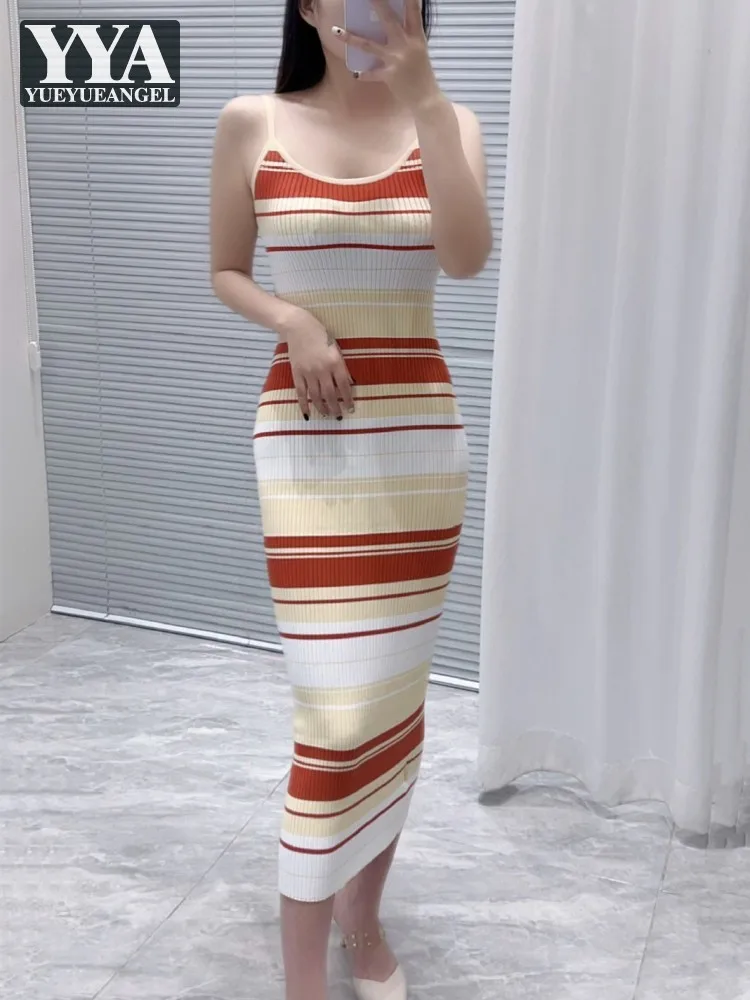 

Hot Sale Women Summer Striped Fashion Knitted Strap Dress O-Neck Slim Fit Elegant Office Lady Straight Mid-Calf Length Dresses
