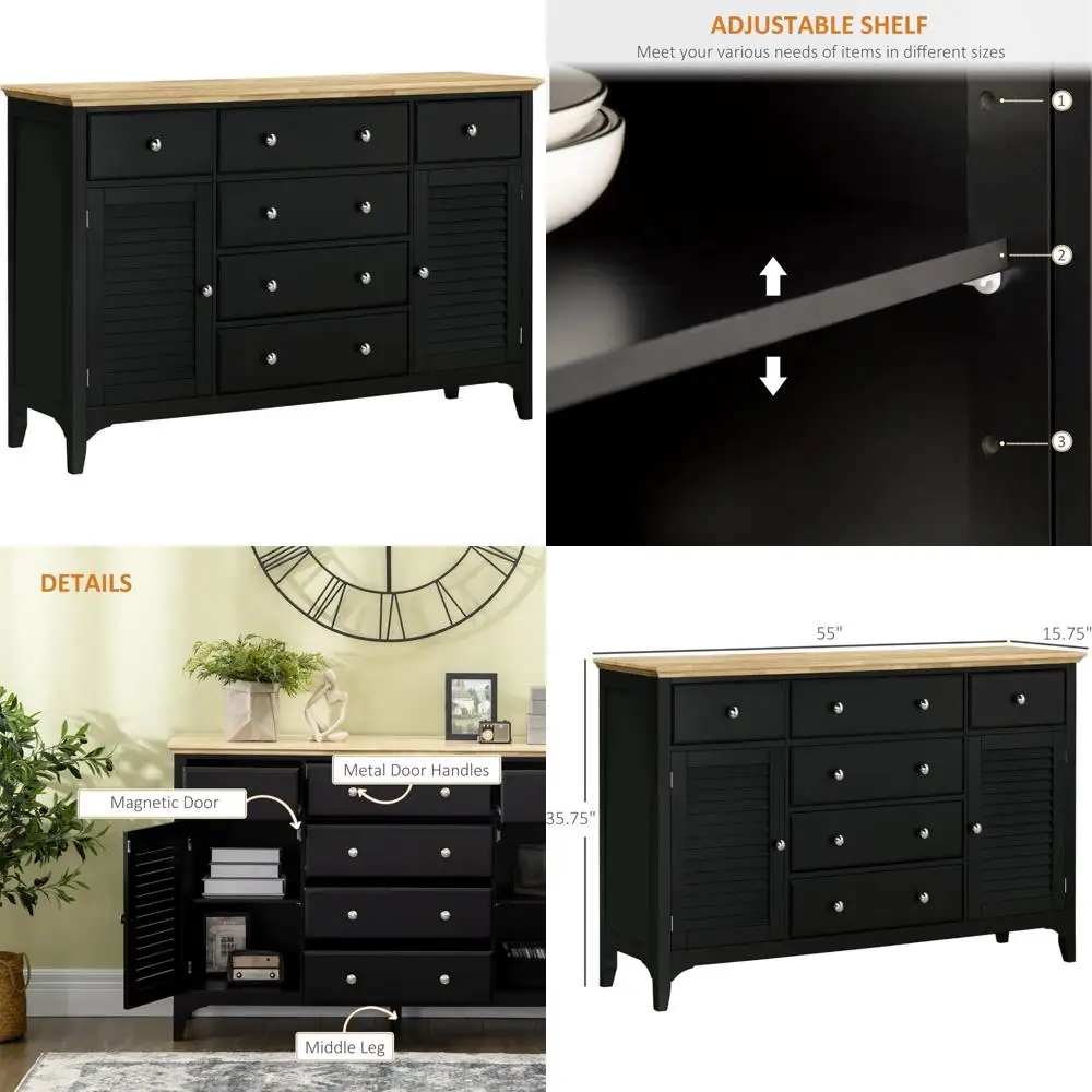 black kitchen sideboard with storage drawers, rubberwood top, and adjustable shelves for coffee bar use
