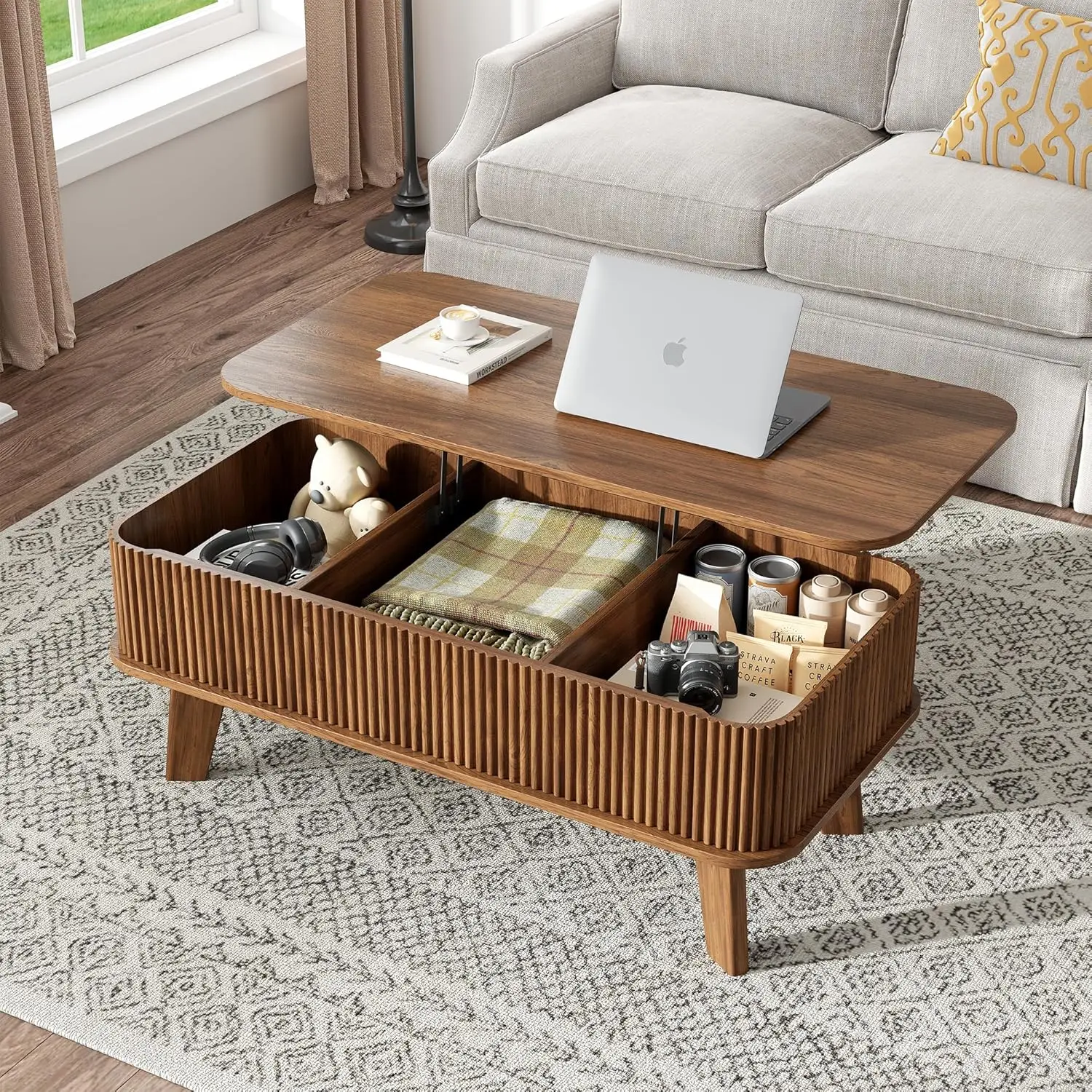

Fluted Lift Top Coffee Table with Storage, Modern Wood Coffee Table Retro Center Table with Hidden Lifting Table, Customized