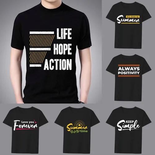 Camiseta clásica informal con cuello redondo para hombre, camisa negra transpirable que combina con todo, con estampado de frases juveniles inspiradoras