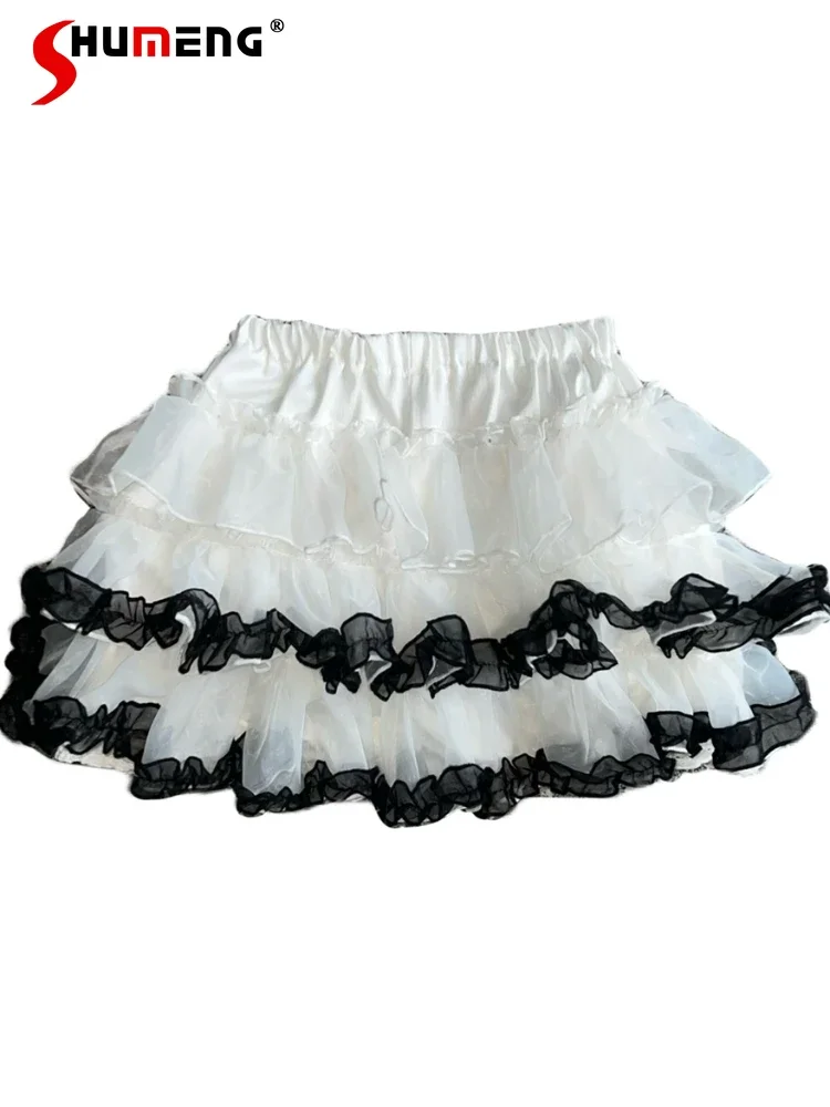 Japanese Sweet Two-Dimensional White Y2K Skirt Women Black White Lace Stitching Elastic High Waist Pumpkin Short Pants Skirts