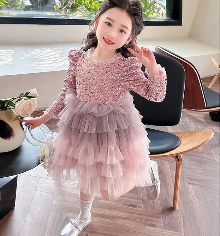 

New Baby Girls Fall Boutique Long Sleeve Sequined Cake Dress, Princess Kids Sweet Party Dresses 3-8T