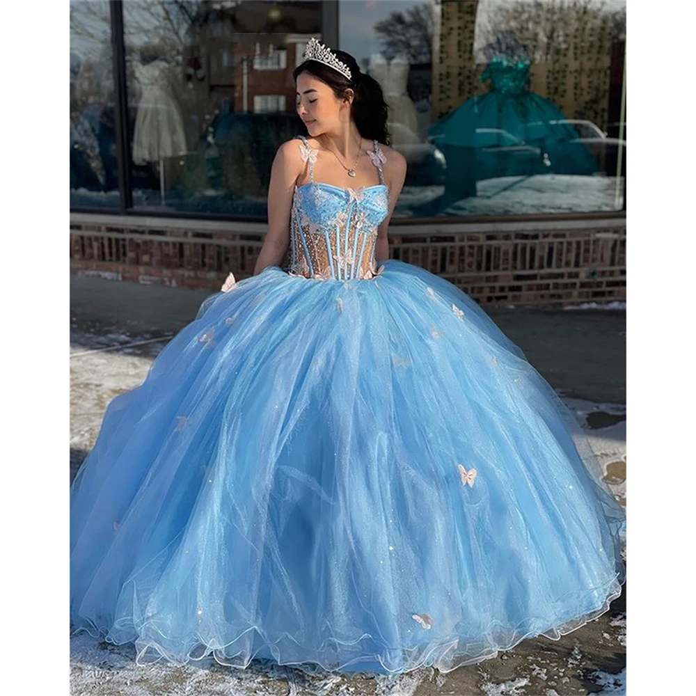 Msikoods ชุดราตรีสีฟ้าชุดเดรสคู่รักชุดไปงานเต้นรำ quinceanera สำหรับสาวๆประดับลูกปัดไปงานปาร์ตี้คนดังชุดราตรี3D ดอกไม้