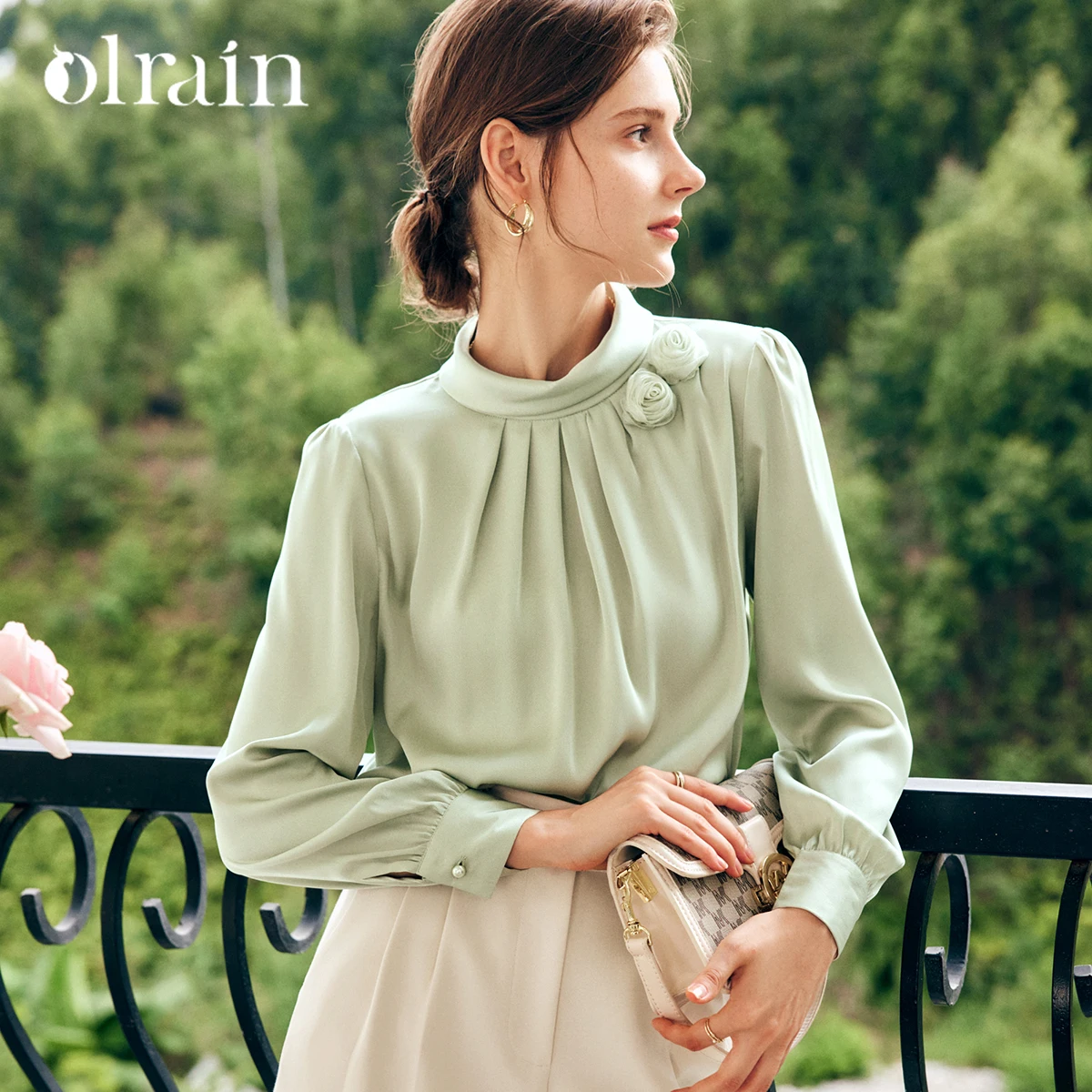 

OLrain French Light Green Chiffon Lace Shirt Women Autumn 2025 Mature Style Elegant Office Soft Breathable Blouse O57QX65686