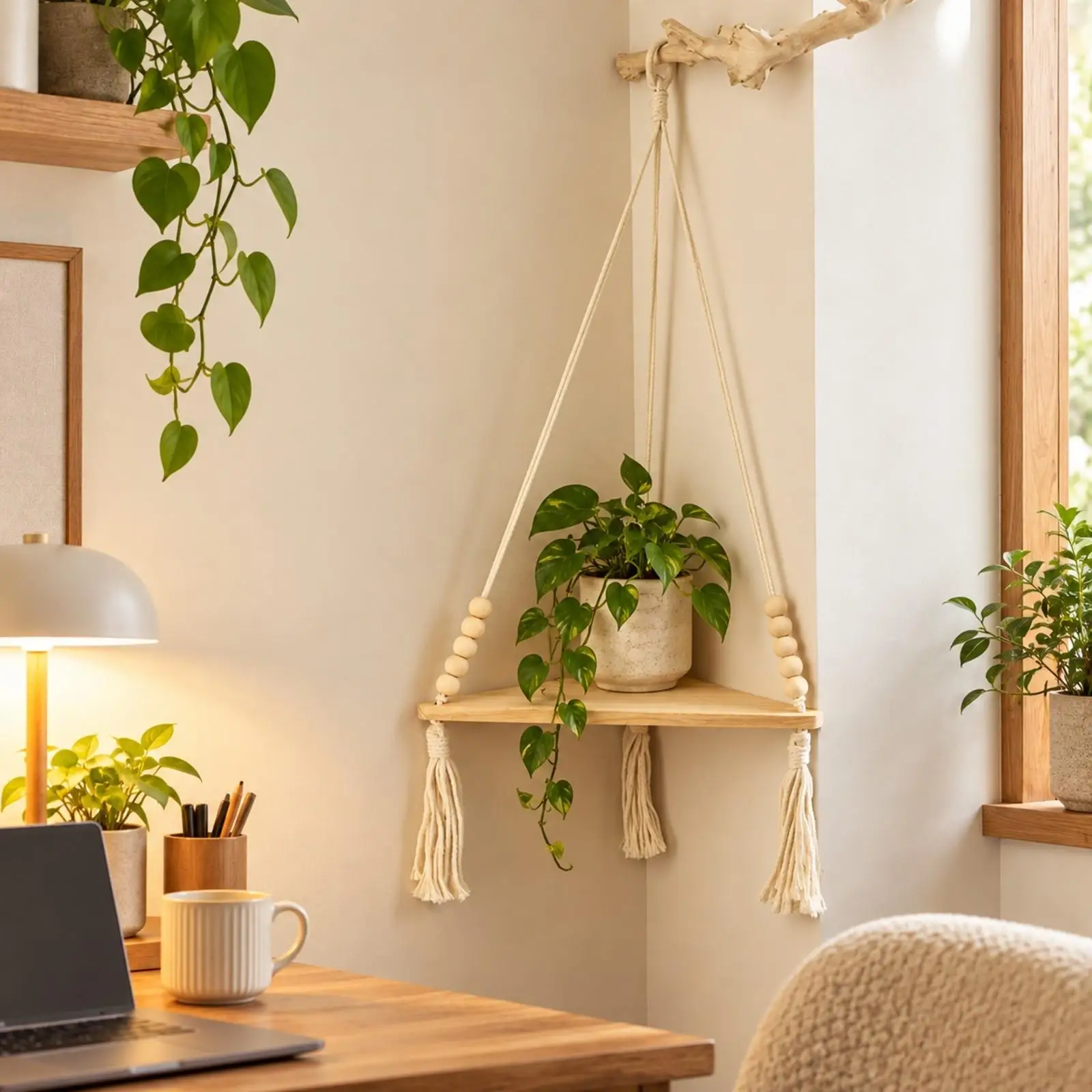 Bohemian Cotton Rope Shelf Organizer Wood Corner Display Stand for Potted Plants Home