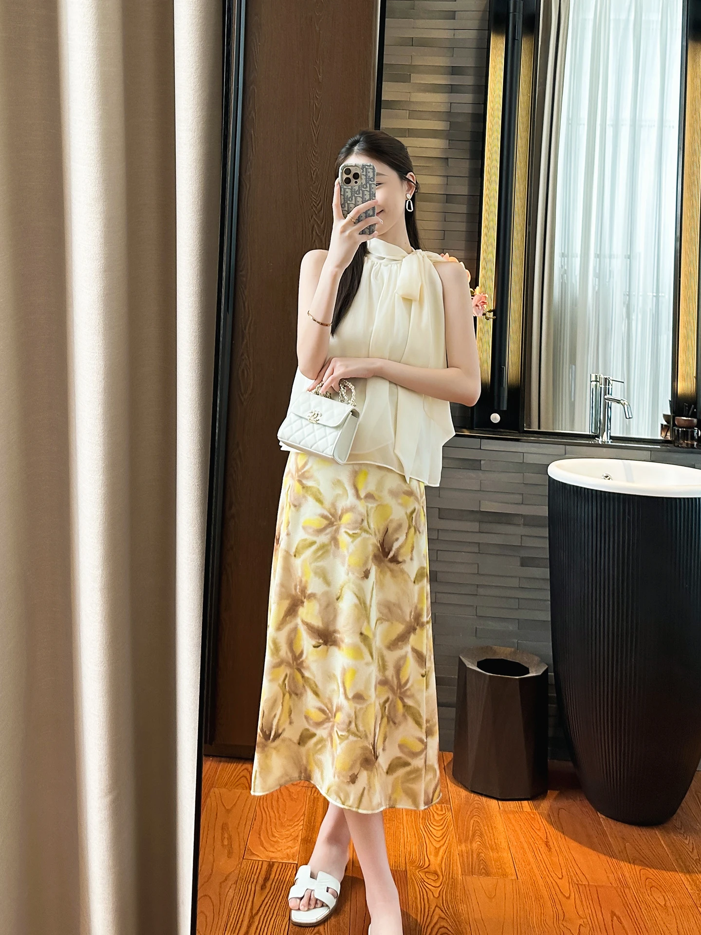 

Yellow Floral Print Commuter Sle f-length Skirt High Waist A-line Silhouette Women's Ci Commute Faion Summer Skirt