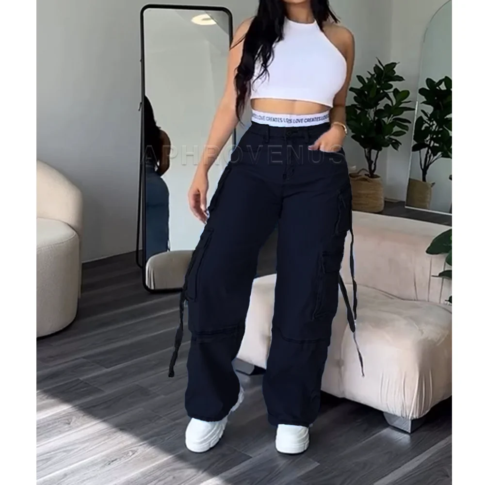 Denim Straight Jeans Wide Leg Women High Waist Loose Pants Y2K Trousers Hip-hop Streetwear Waist Colorblocked Design Loose Jeans