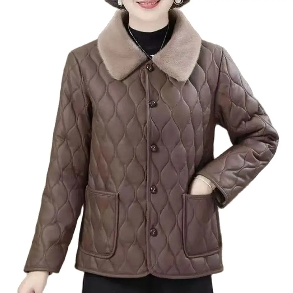 Mother Fleece Warm Leather Cotton-padded Jacket Autumn And Winter New Western Fashion Middle-aged Lady Loose Casual Coat Woman.