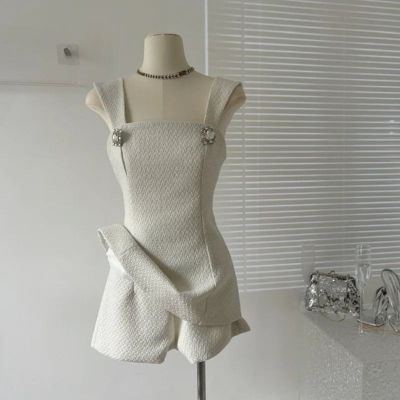 Bowknot Backless Shorts Vest Tweed Two-piece Set Summer French Girly Crystal Sweet Sexy Korea Small Fragrant Pants Women Suit