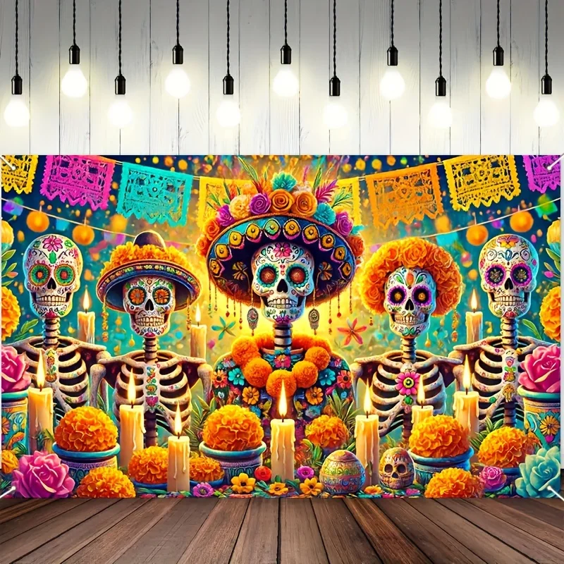 Colorful Skull And Marigold Halloween Day Of The Dead Banner Suitable For Photography Background Cloth Party And Home Decoration