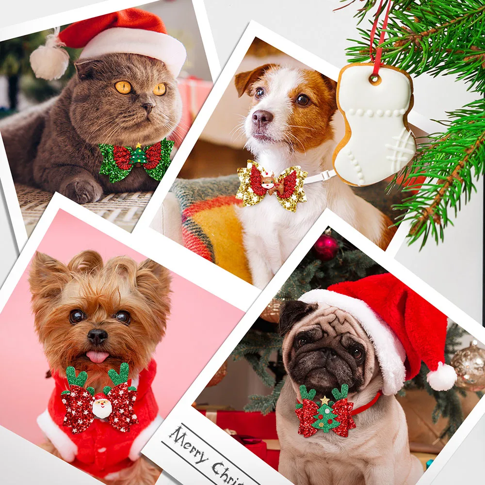 20PCS Christmas Small Dog Cat Bow Ties Shine New Year Dog Puppy Bowties Collar Dogs Pet Grooming For Christmas Accessories