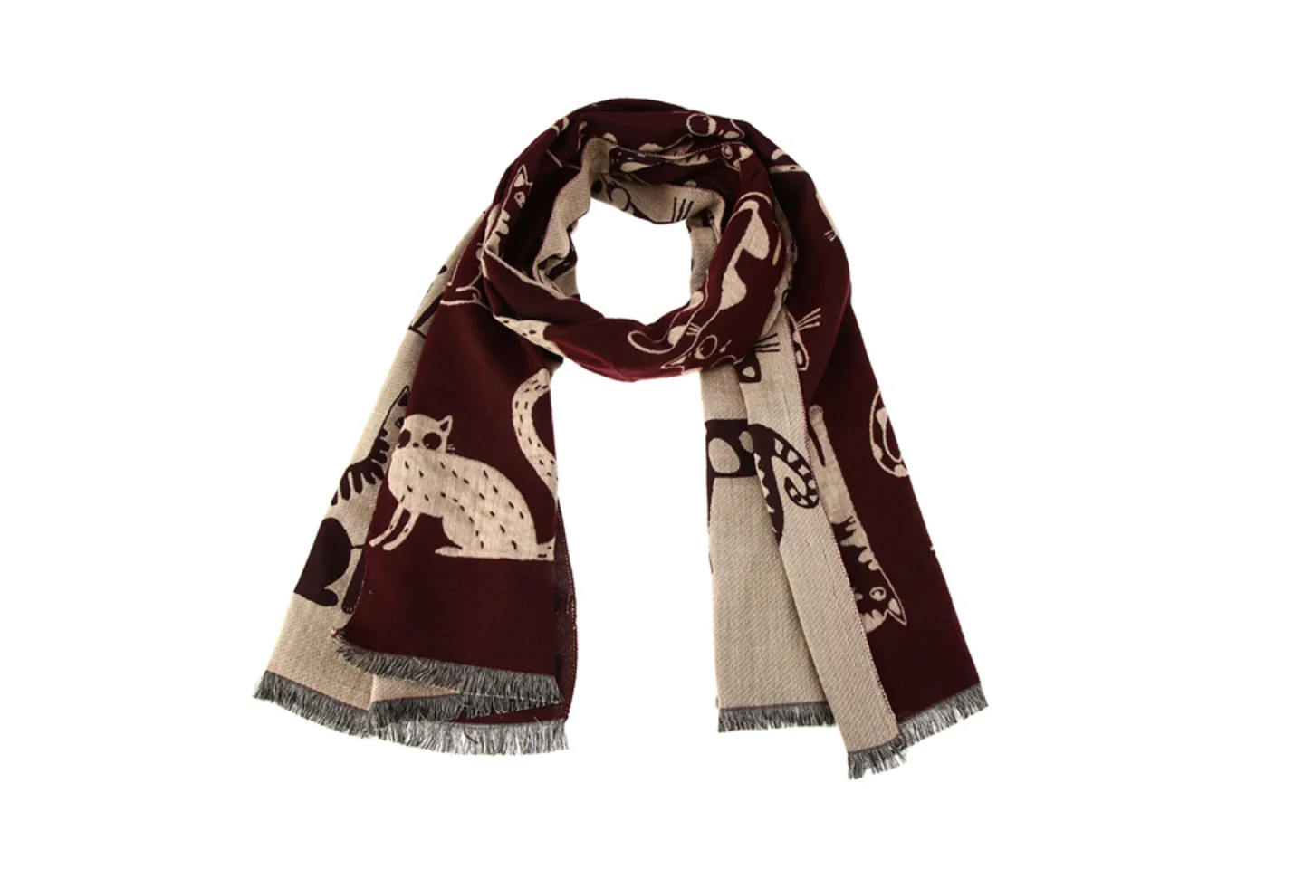 Burgundy Cat Print Scarf Retro Women Soft Tassel Long Shawl Wrap Lightweight Fashion All Season Animal Print Lady Scarves